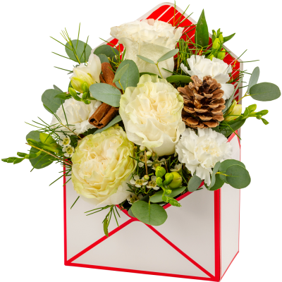 xmas letter - Send a festive message straight from your heart with this delightful envelope arrangement of festive flowers. Available in red or white.